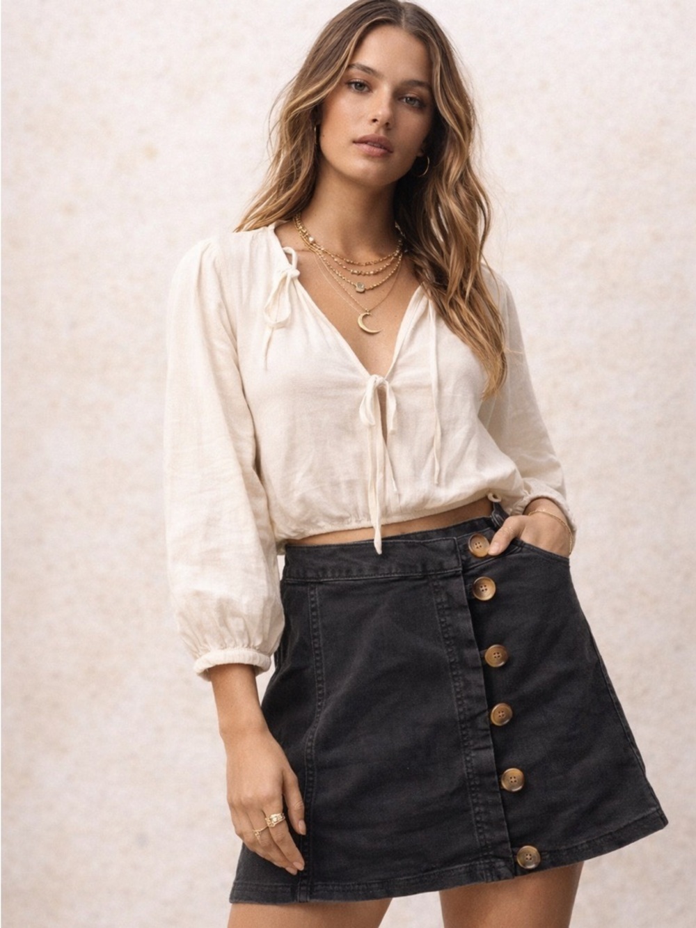 Free People Charcoal Asymmetrical Button Mini Skirt Size 4 Boho Chic